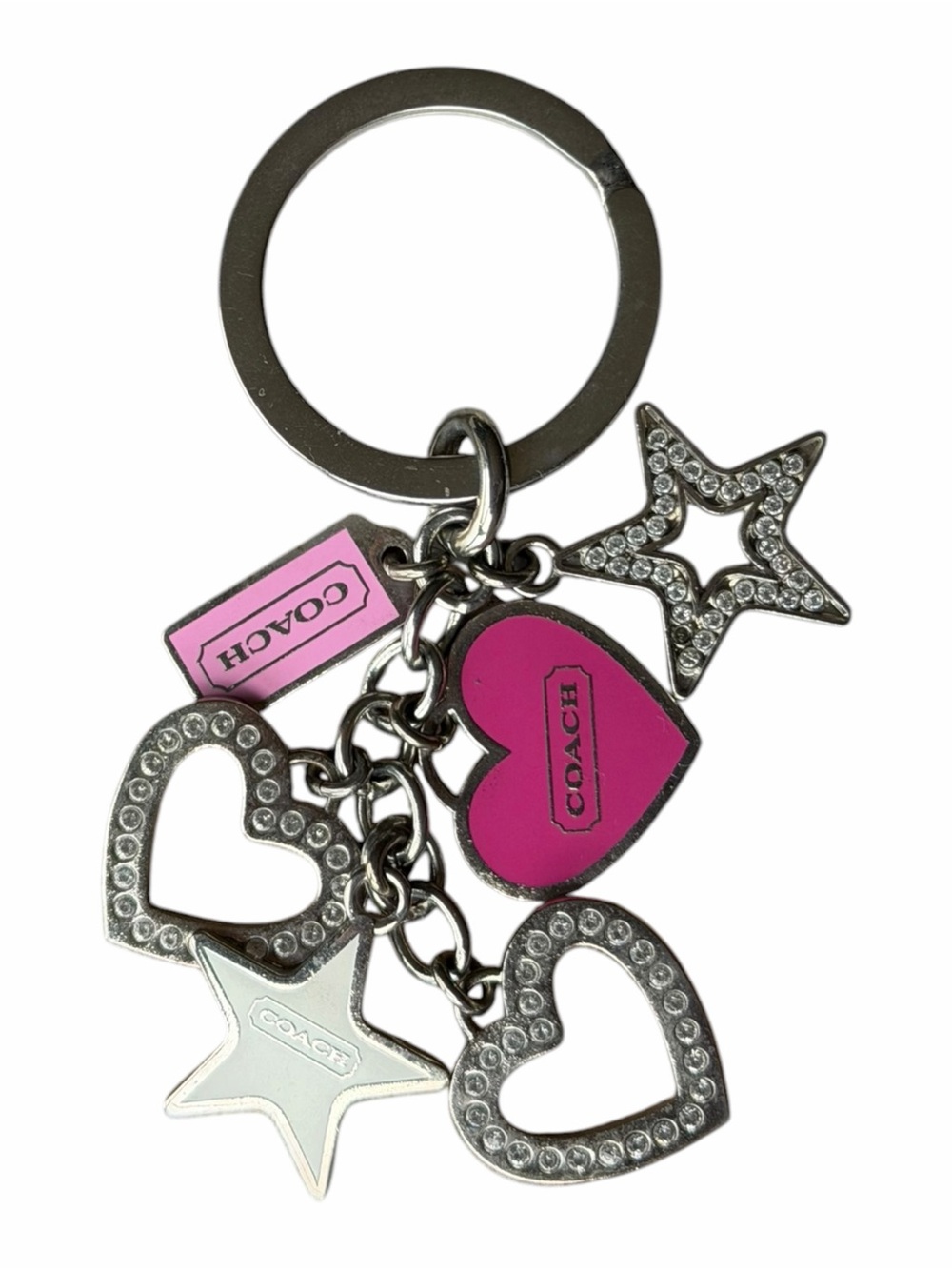 Coach Heart Star Charm Keychain Pink Enamel Crystal Rhinestone Bag Charm Key Fob